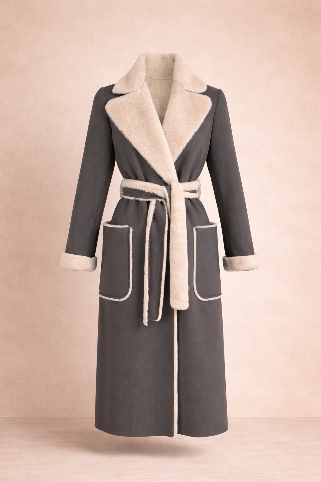 Charcoal Faux Shearling-Trim Wrap Coat