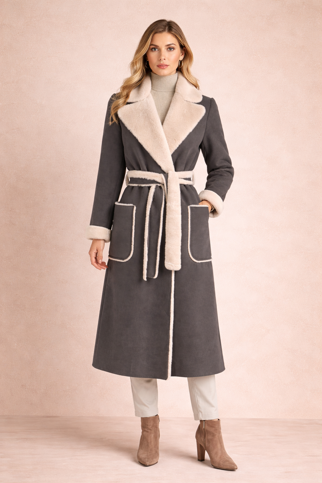 Charcoal Faux Shearling-Trim Wrap Coat