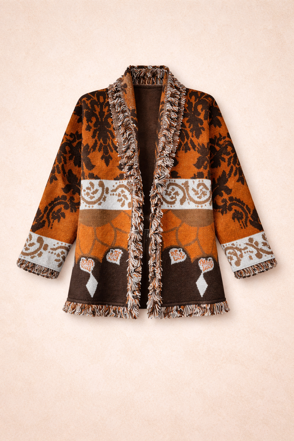 Fringed Bohemian Jacquard Knit Cardigan - Burnt Orange