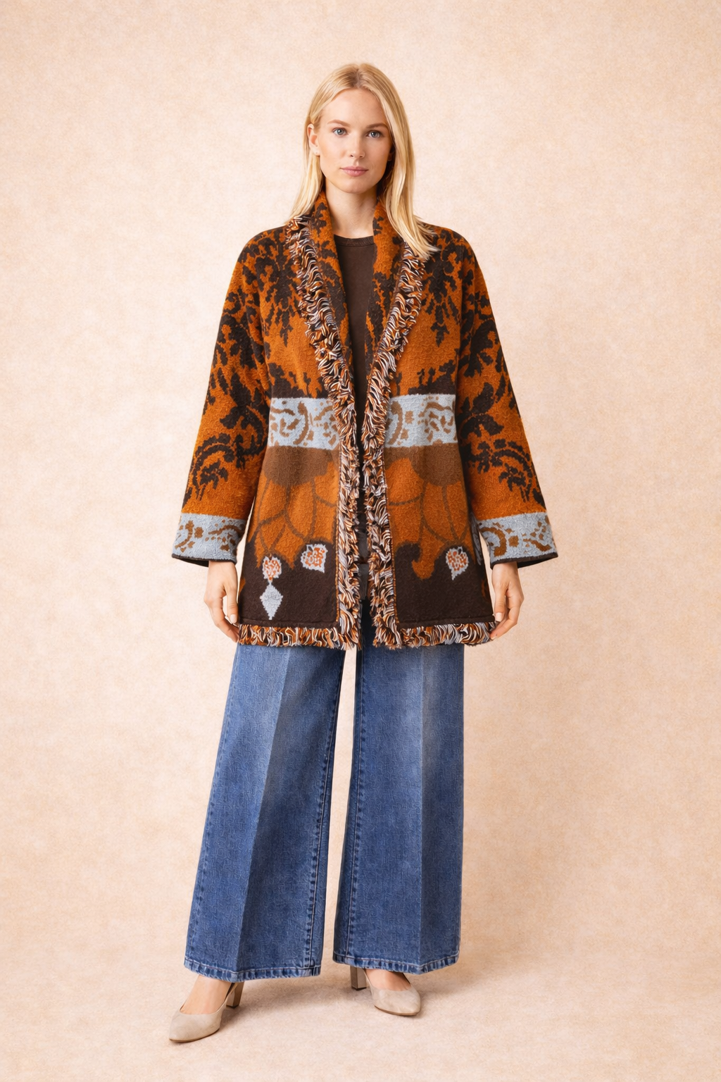Fringed Bohemian Jacquard Knit Cardigan - Burnt Orange