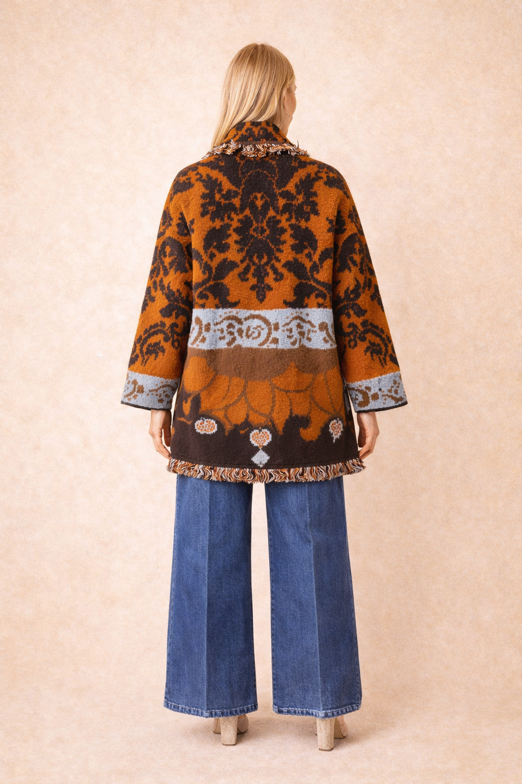 Fringed Bohemian Jacquard Knit Cardigan - Burnt Orange