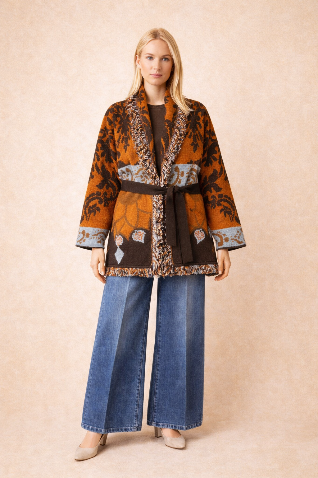 Fringed Bohemian Jacquard Knit Cardigan - Burnt Orange