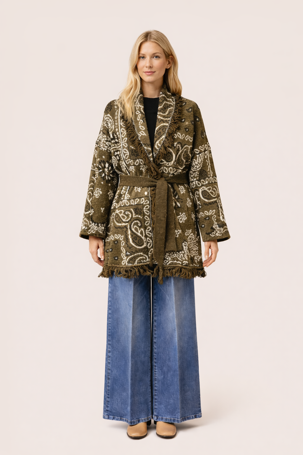 Olive Paisley Fringe Relaxed-Fit Cardigan