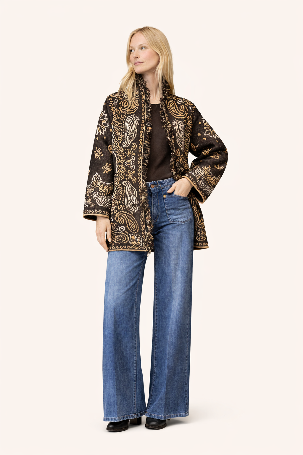 Brown Paisley Fringe Relaxed-Fit Cardigan