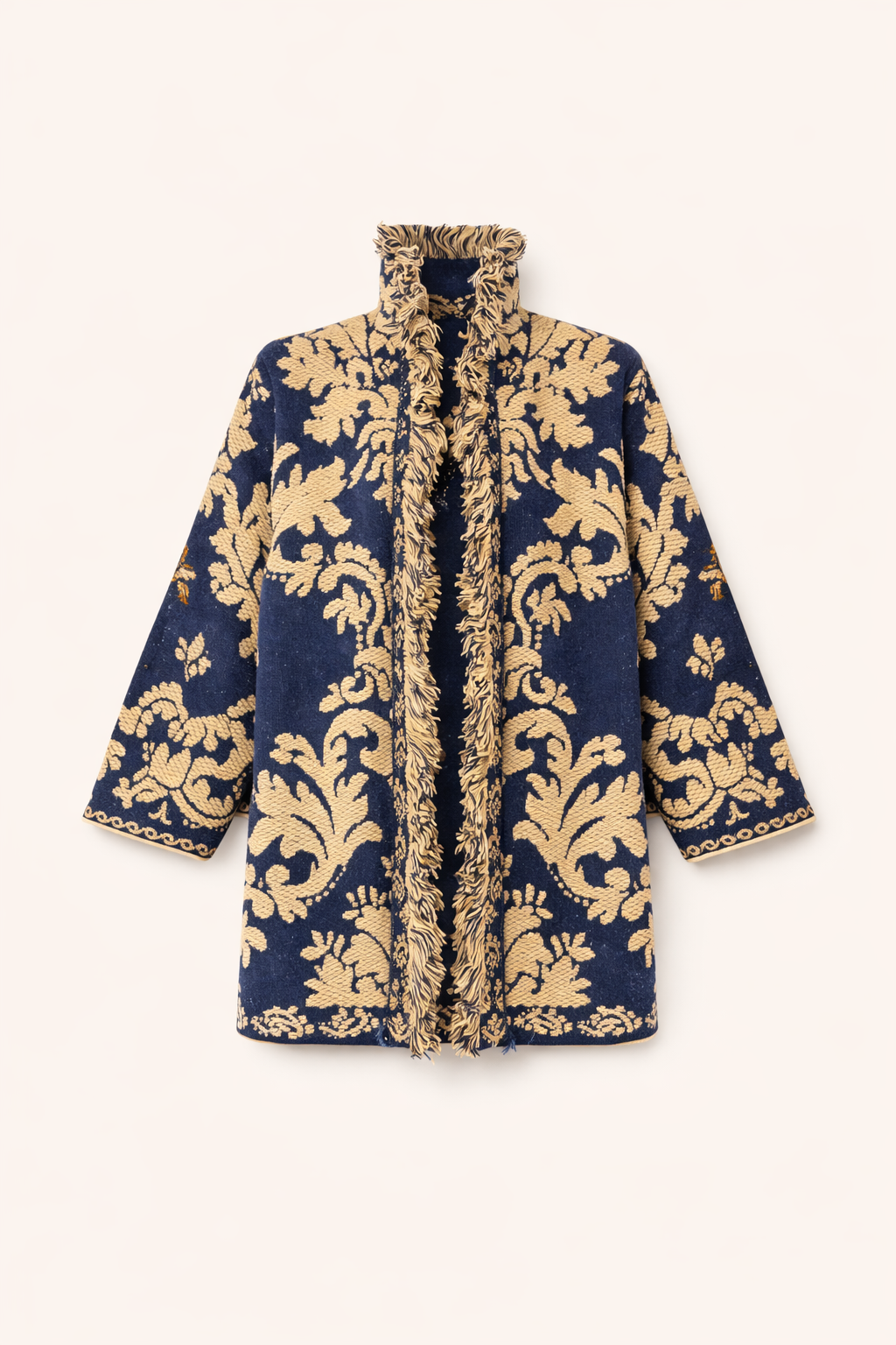 Navy Damask Fringe Relaxed-Fit Cardigan