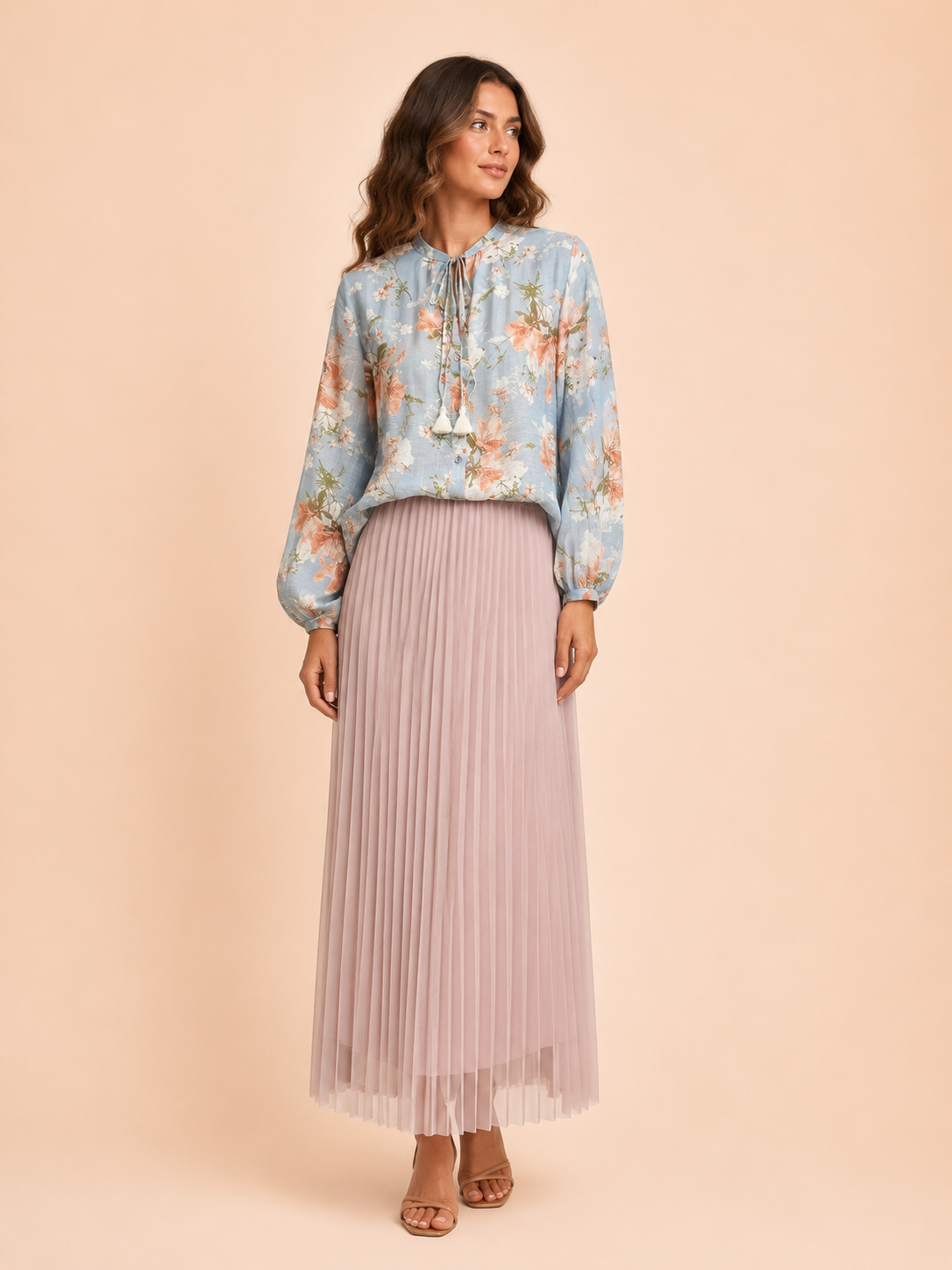 Blush Beige Pleated Midi Skirt With Elastic Waist - Elegant Women's Skirt