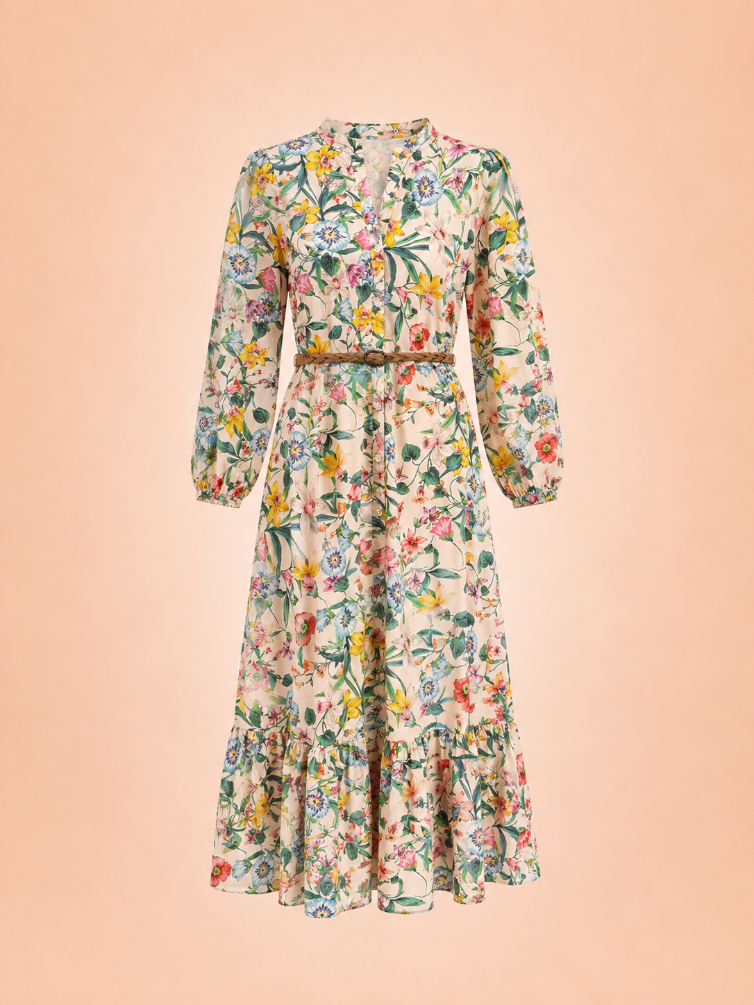 Cream Botanical Print Belted Maxi Dress - Elegant Long Sleeve Dress