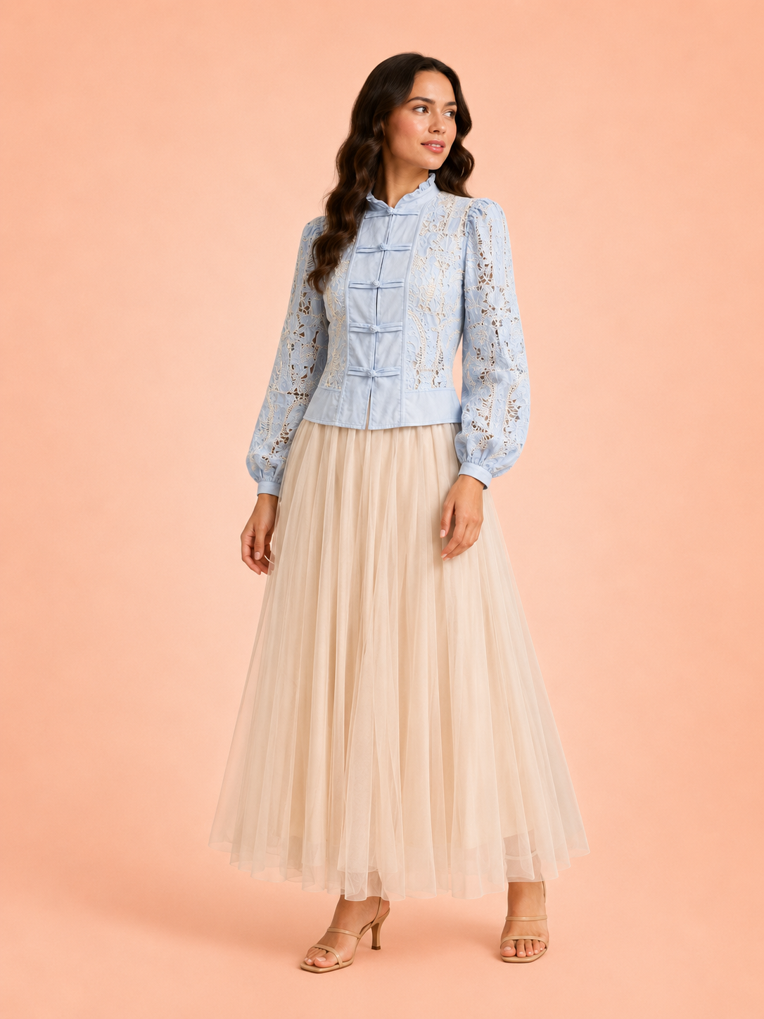 Light Blue Embroidered Jacket With Cream Stitching - Elegant Women's Statement Jacket