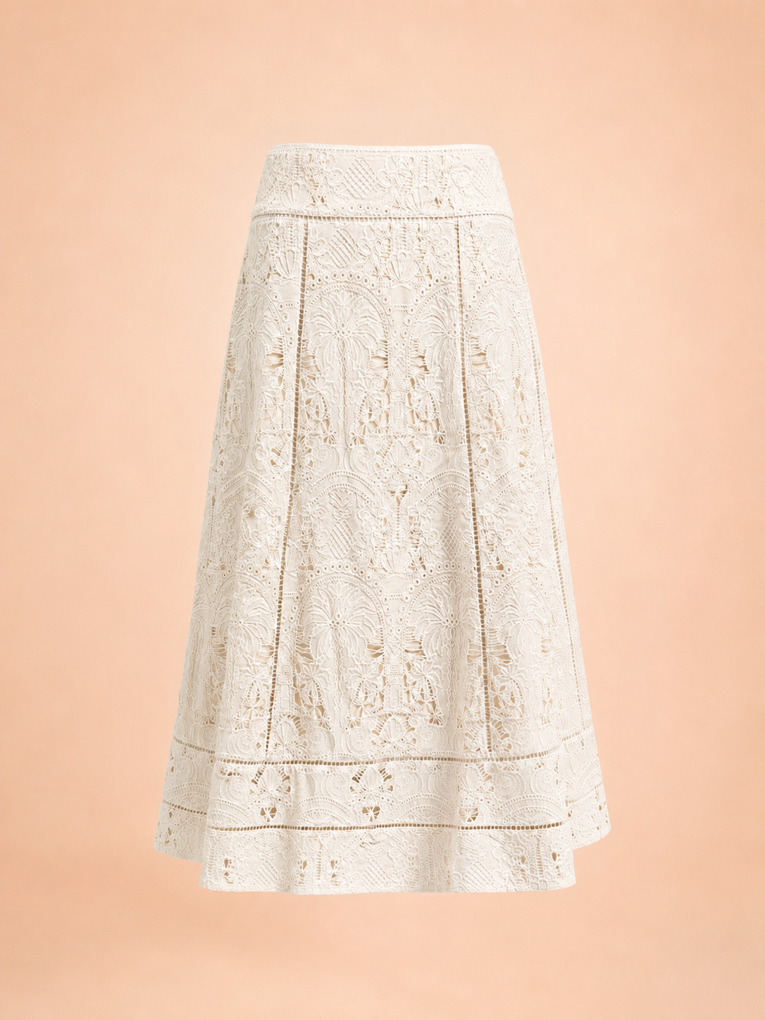 Cream Lace A-Line Midi Skirt - Elegant Embroidered Floral Lace Skirt