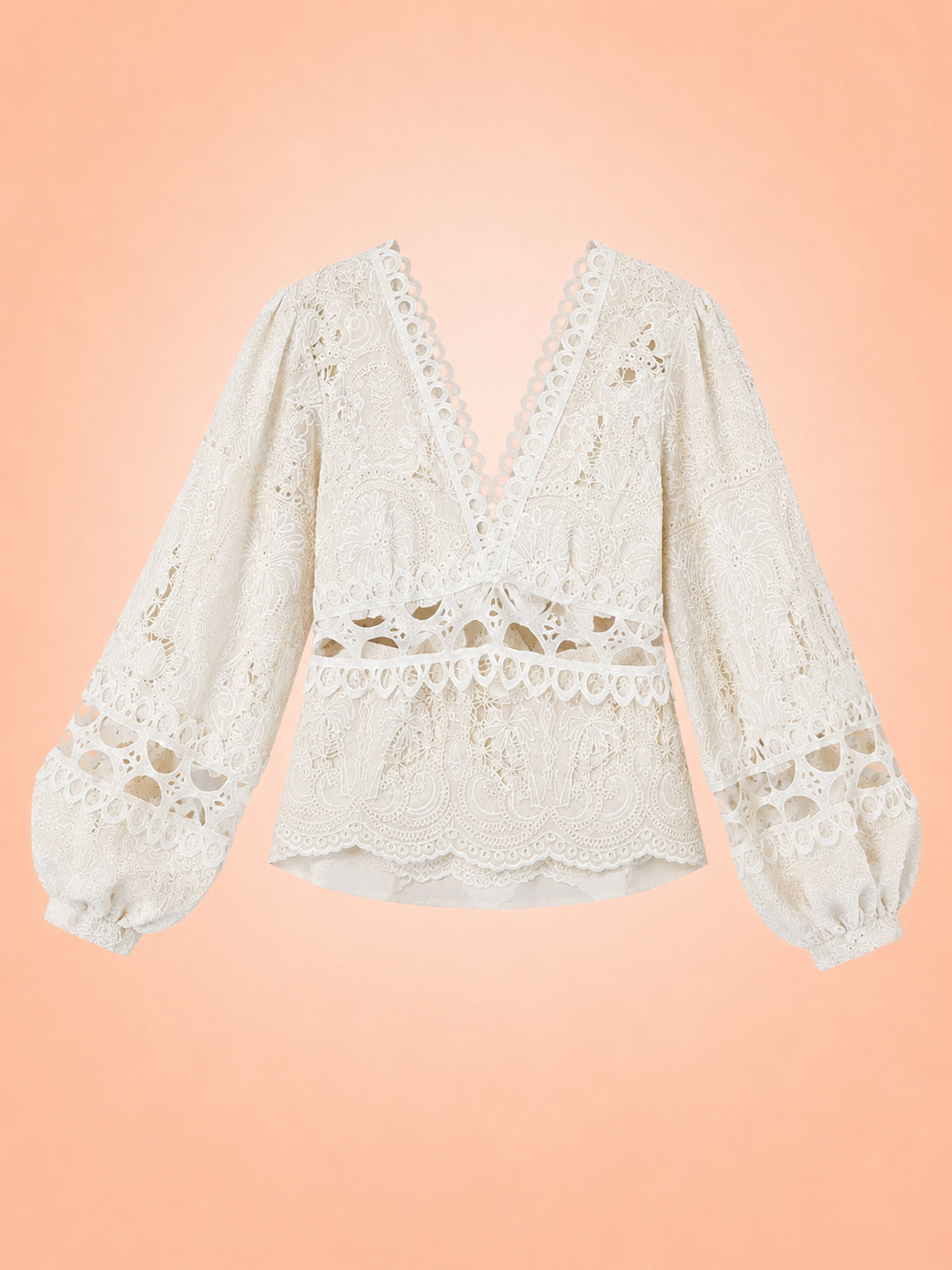 Cream Boho Lace Blouse - Embroidered V-Neck Balloon Sleeve Top