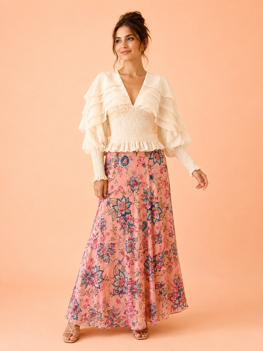 Cream Ruffle Sleeve V-Neck Blouse - Women's Smocked Boho Top