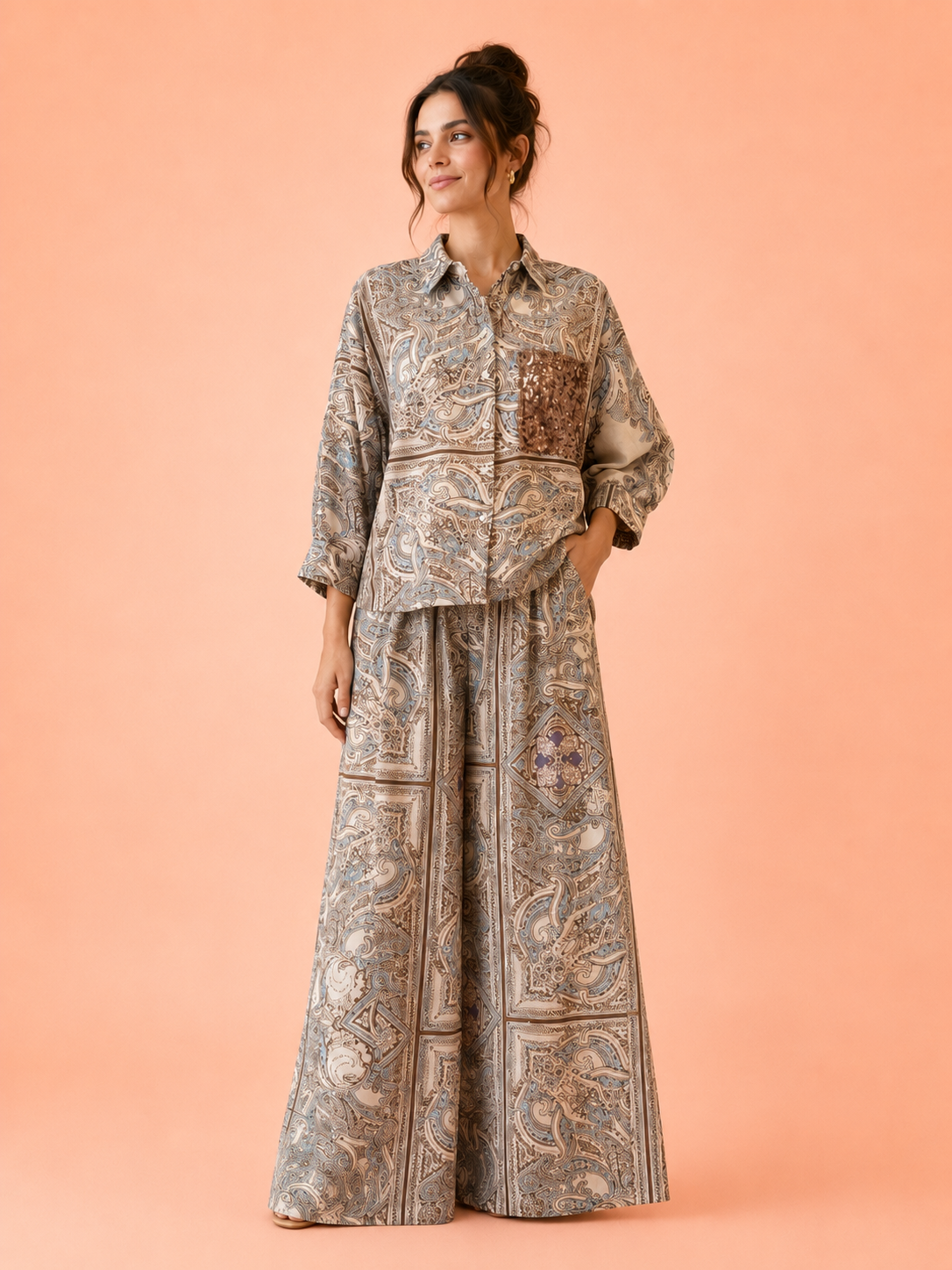 Paisley Sequin Pocket Shirt - Beige & Sky Blue Oversized Button-Up Blouse