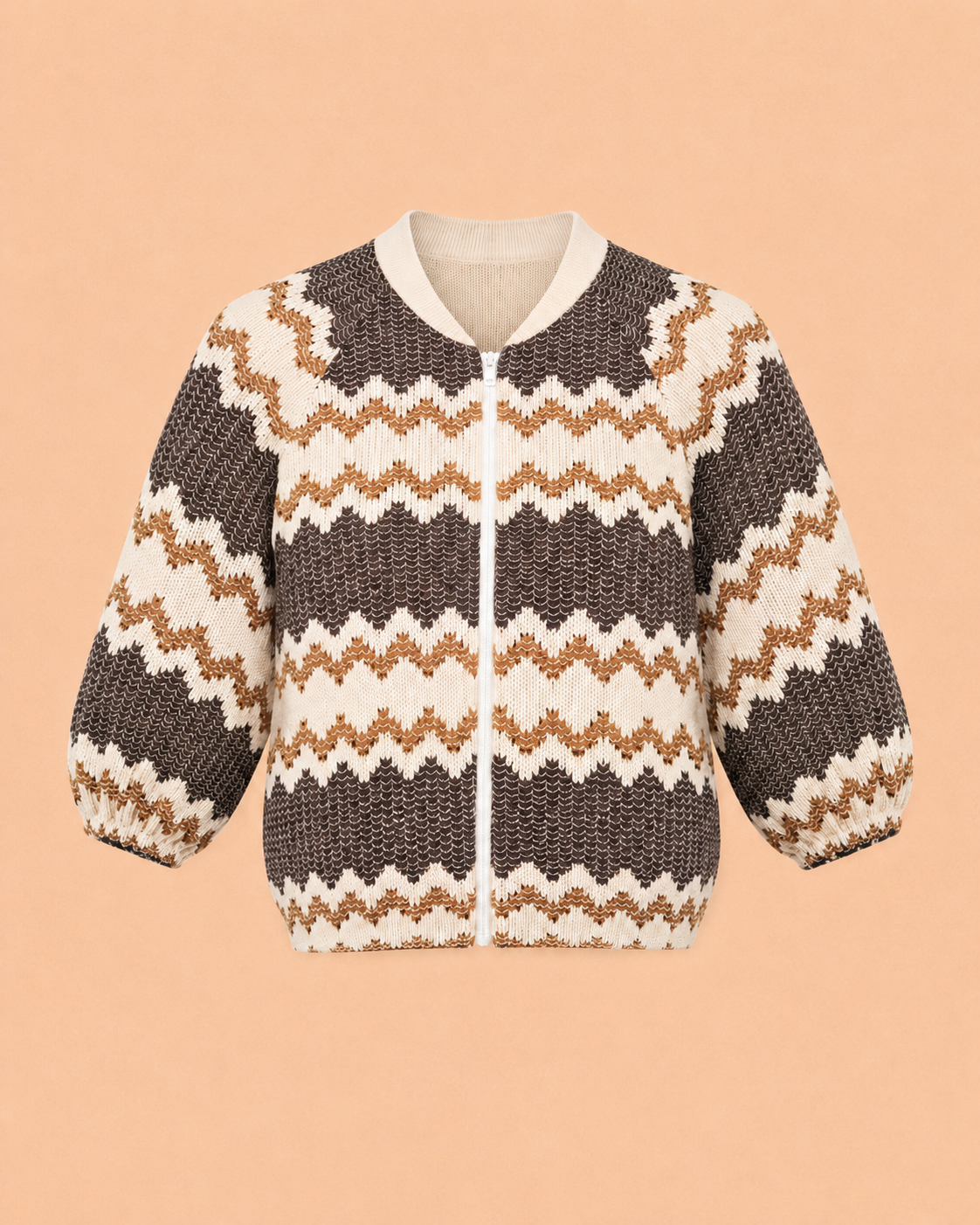 Mocha Cream Zigzag Knit Zip Cardigan - Textured Knit Jacket