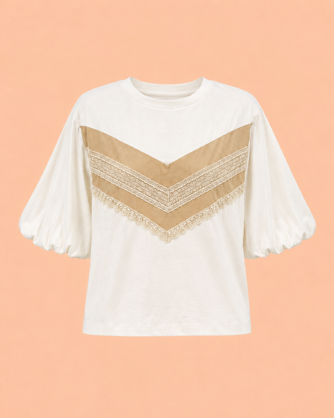 Ivory Lace Chevron Puff Sleeve Top - Elegant Women's Blouse