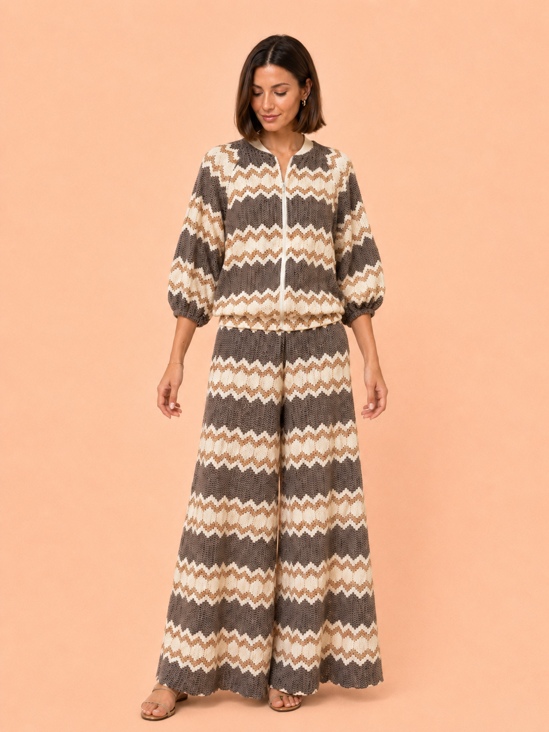 Mocha Cream Chevron Knit Wide Leg Pants - Women's Textured Knit Trousers