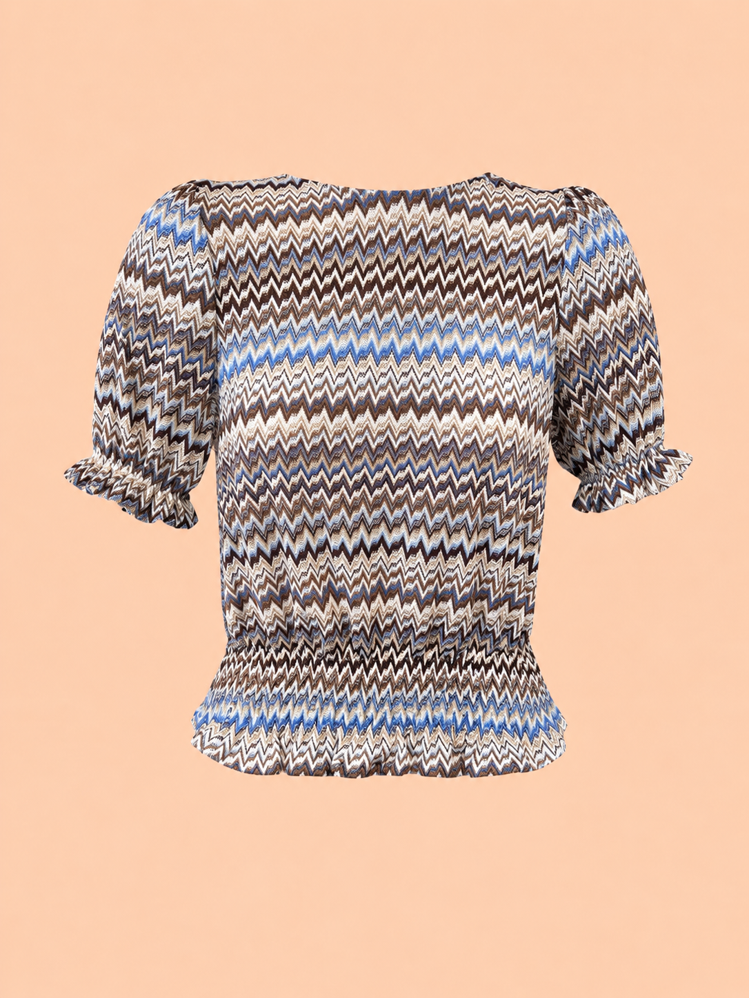 Brown Blue Zigzag Print Smocked Peplum Top - Puff Sleeve Blouse