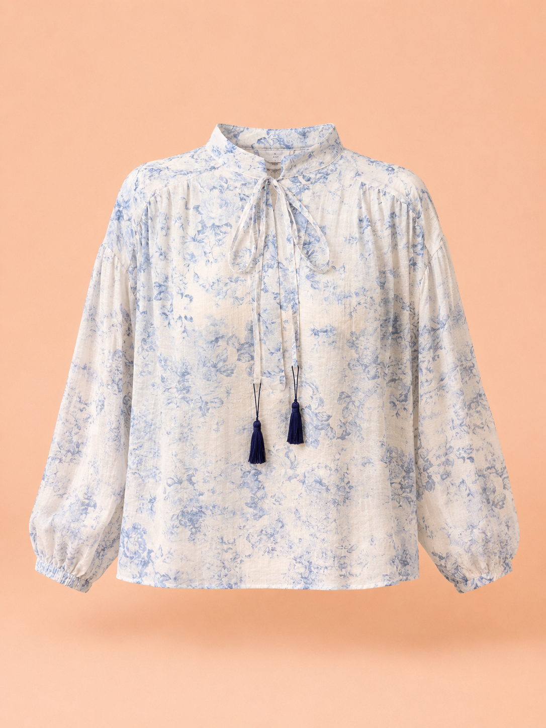 Blue Floral Tie-Neck Blouse - Romantic Long Sleeve Top