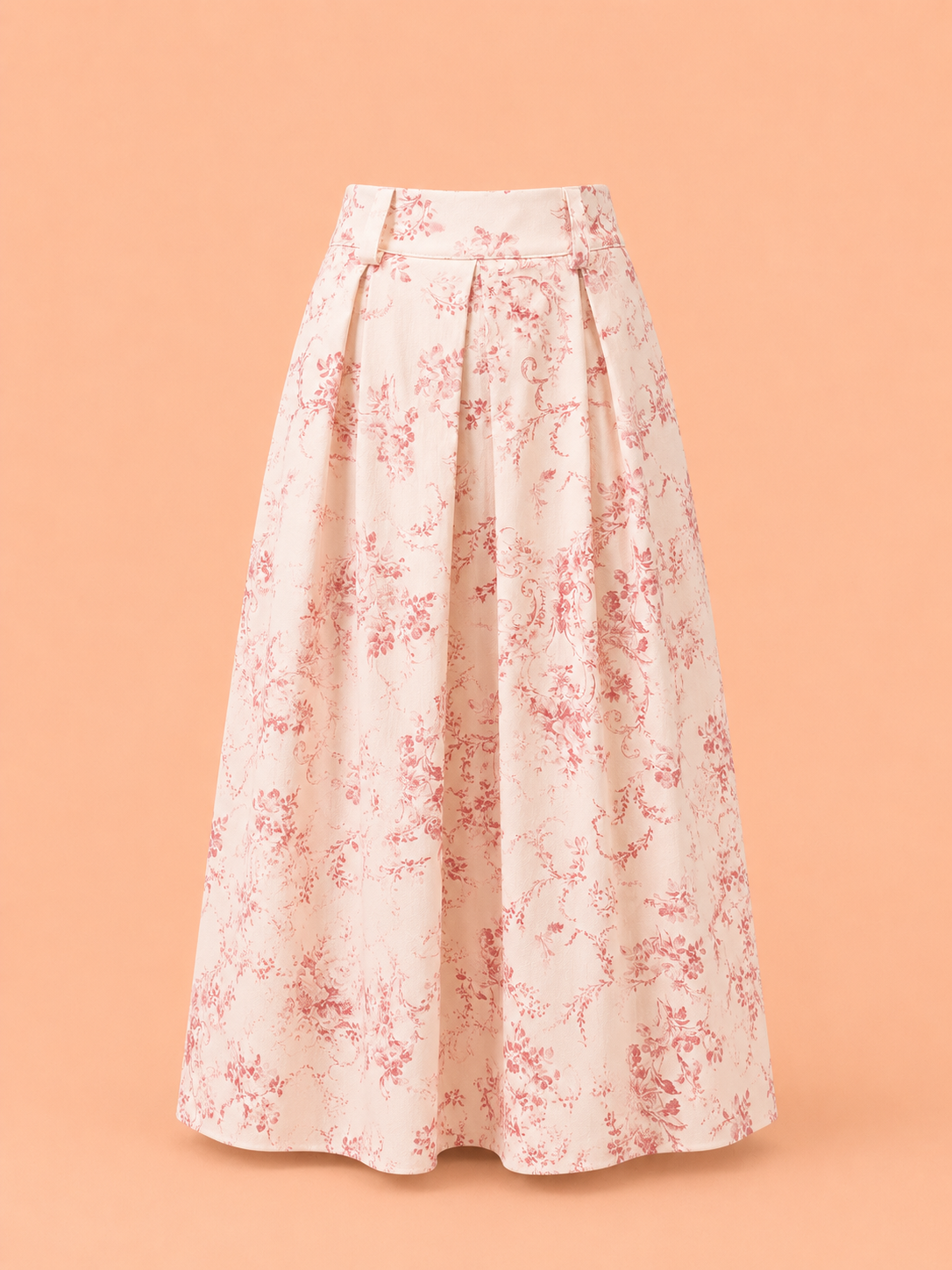Pink Toile Print Midi Skirt - High Waist Pleated A-Line Skirt