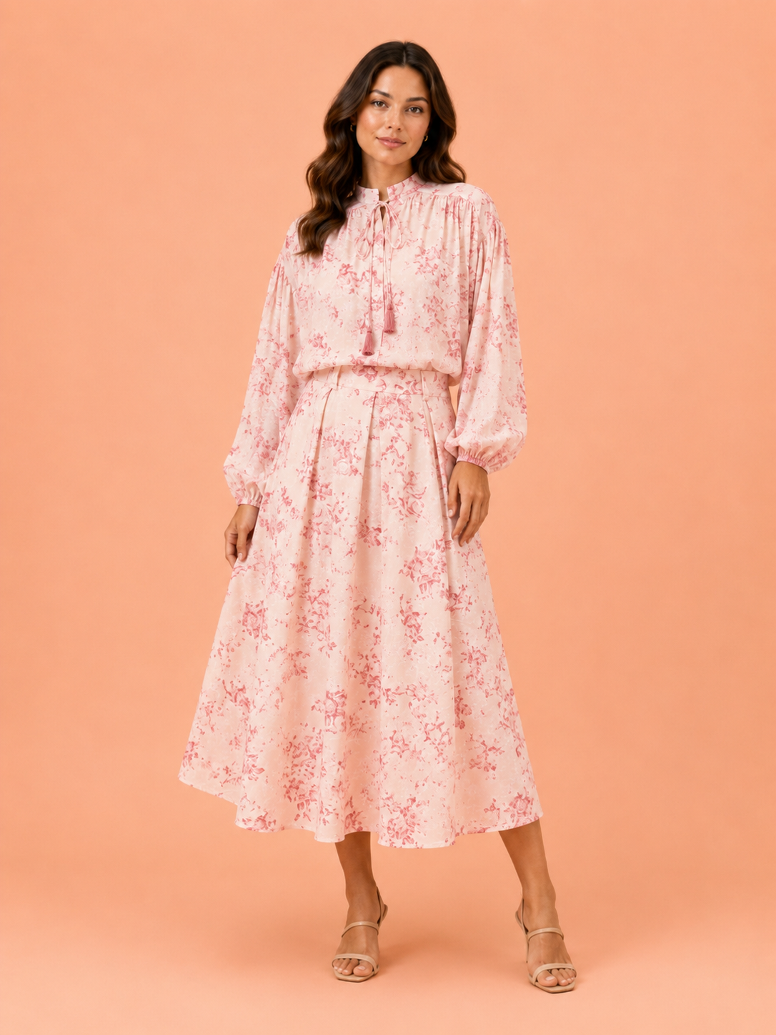 Pink Toile Print Midi Skirt - High Waist Pleated A-Line Skirt