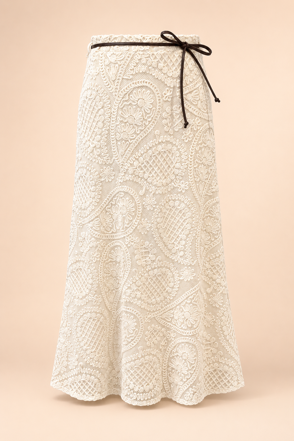 Cream Crochet Lace Midi Skirt With Brown Tie Belt - Elegant Boho Skirt