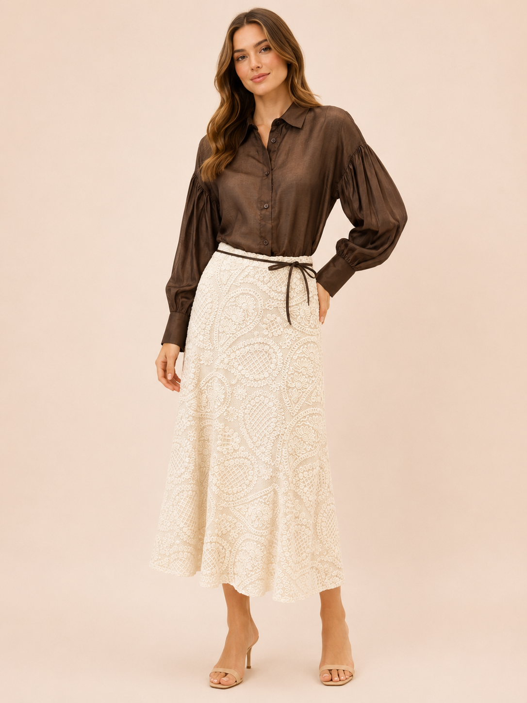 Chocolate Brown Sheer Balloon Sleeve Blouse - Elegant Women's Shirt