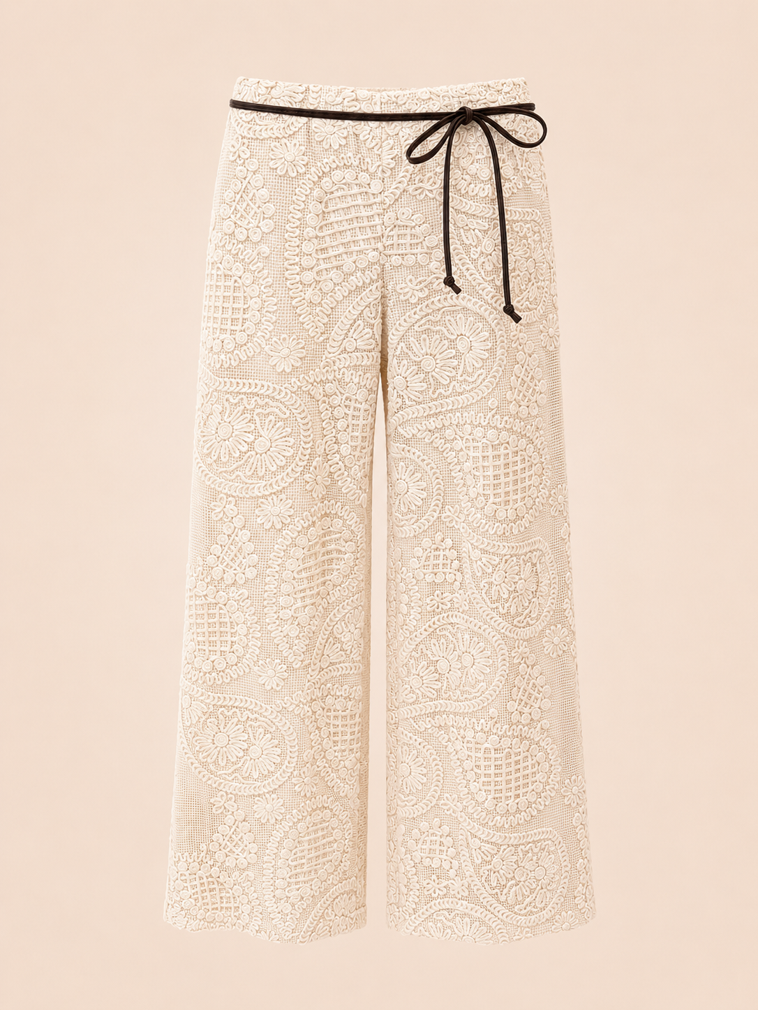 Cream Crochet Lace Wide-Leg Trousers With Brown Tie Belt - Elegant Women's Pants