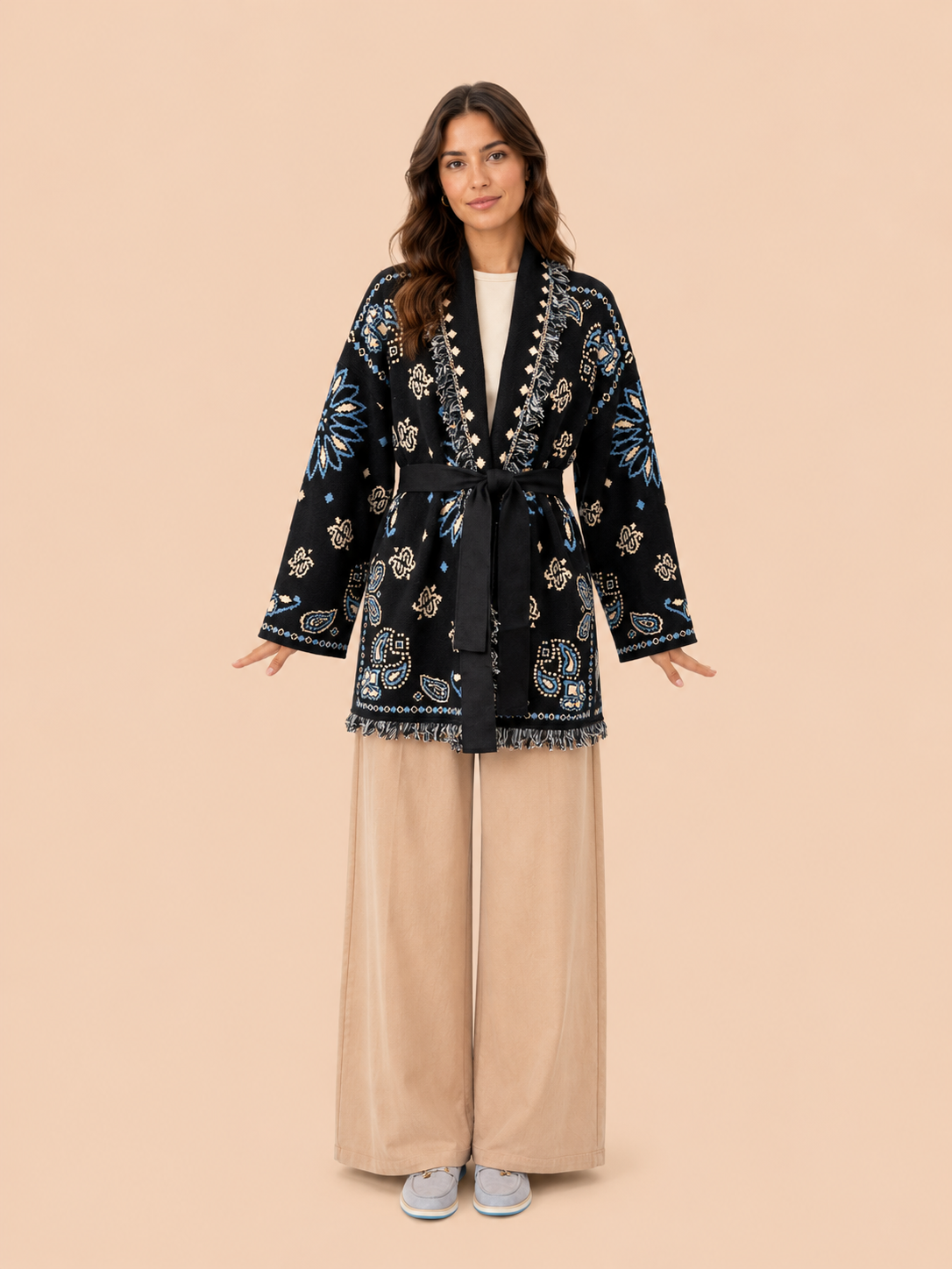 Navy Boho Knit Cardigan With Belt - Oversized Fringe Jacquard Cardigan