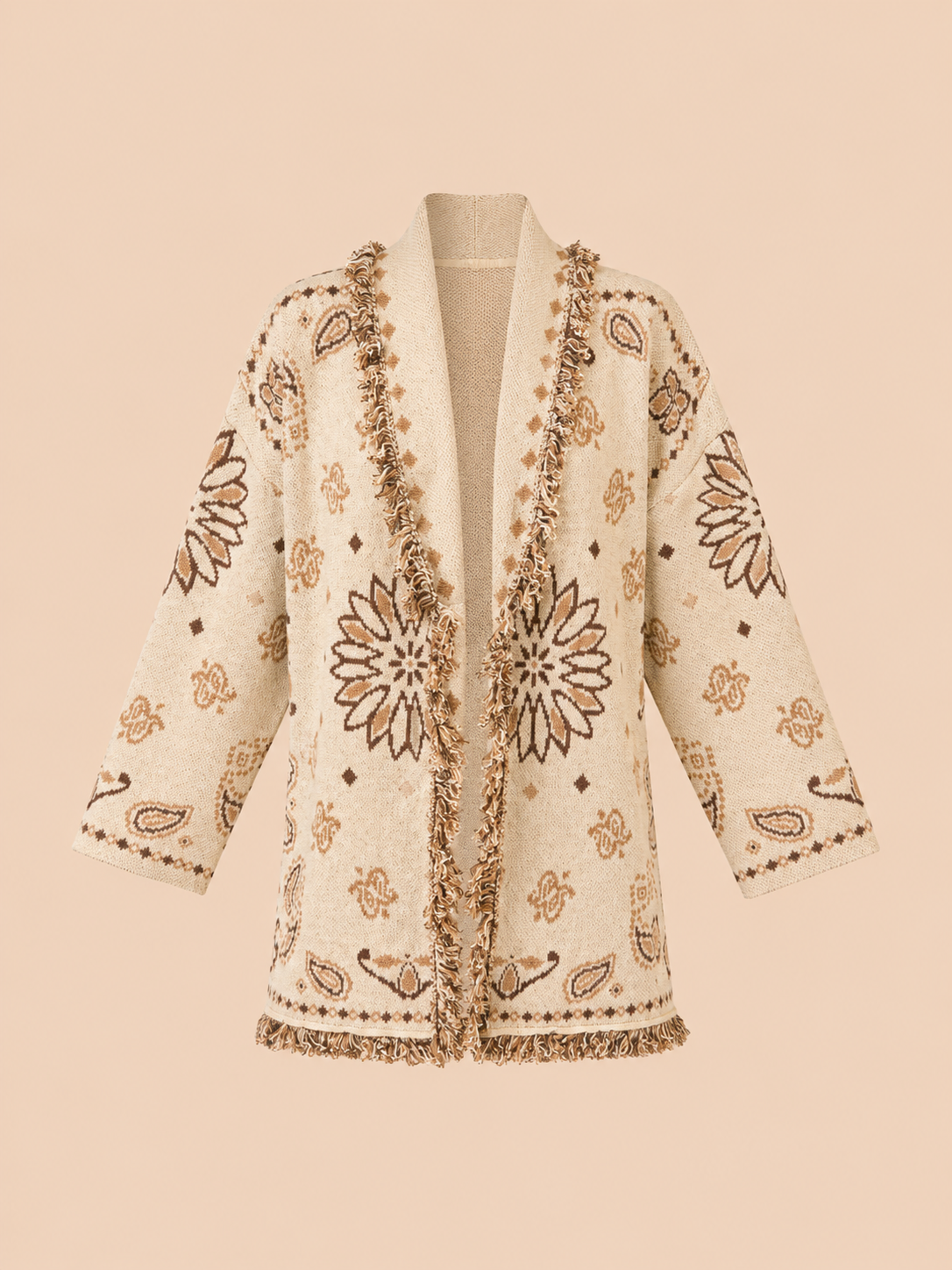 Cream Boho Knit Cardigan With Belt - Oversized Fringe Jacquard Cardigan