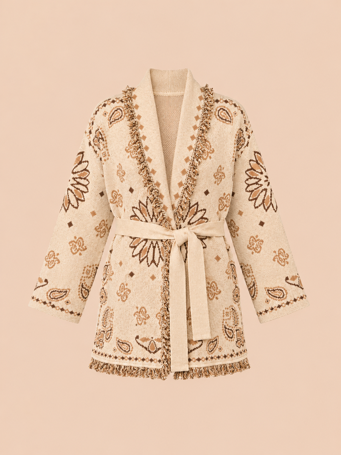 Cream Boho Knit Cardigan With Belt - Oversized Fringe Jacquard Cardigan