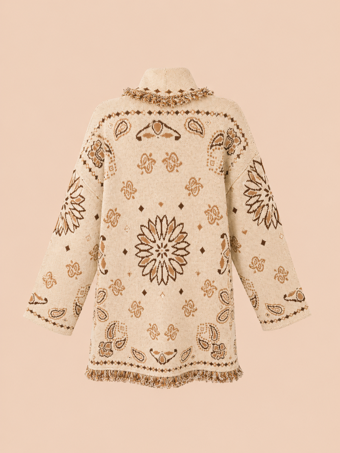 Cream Boho Knit Cardigan With Belt - Oversized Fringe Jacquard Cardigan