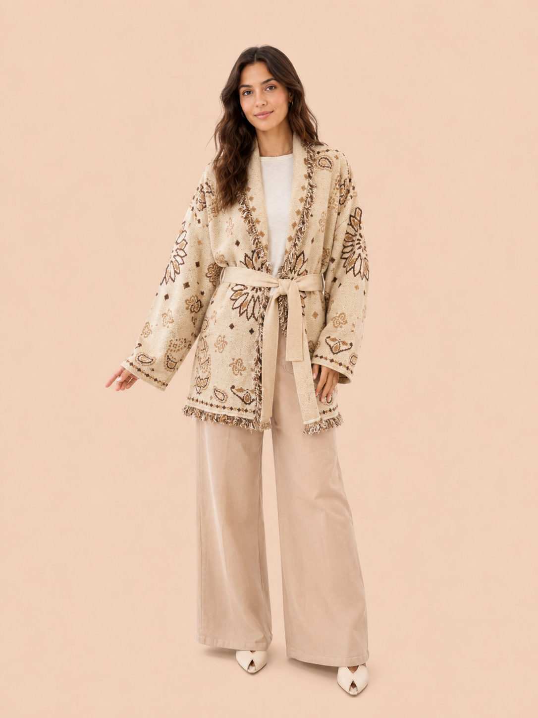 Cream Boho Knit Cardigan With Belt - Oversized Fringe Jacquard Cardigan