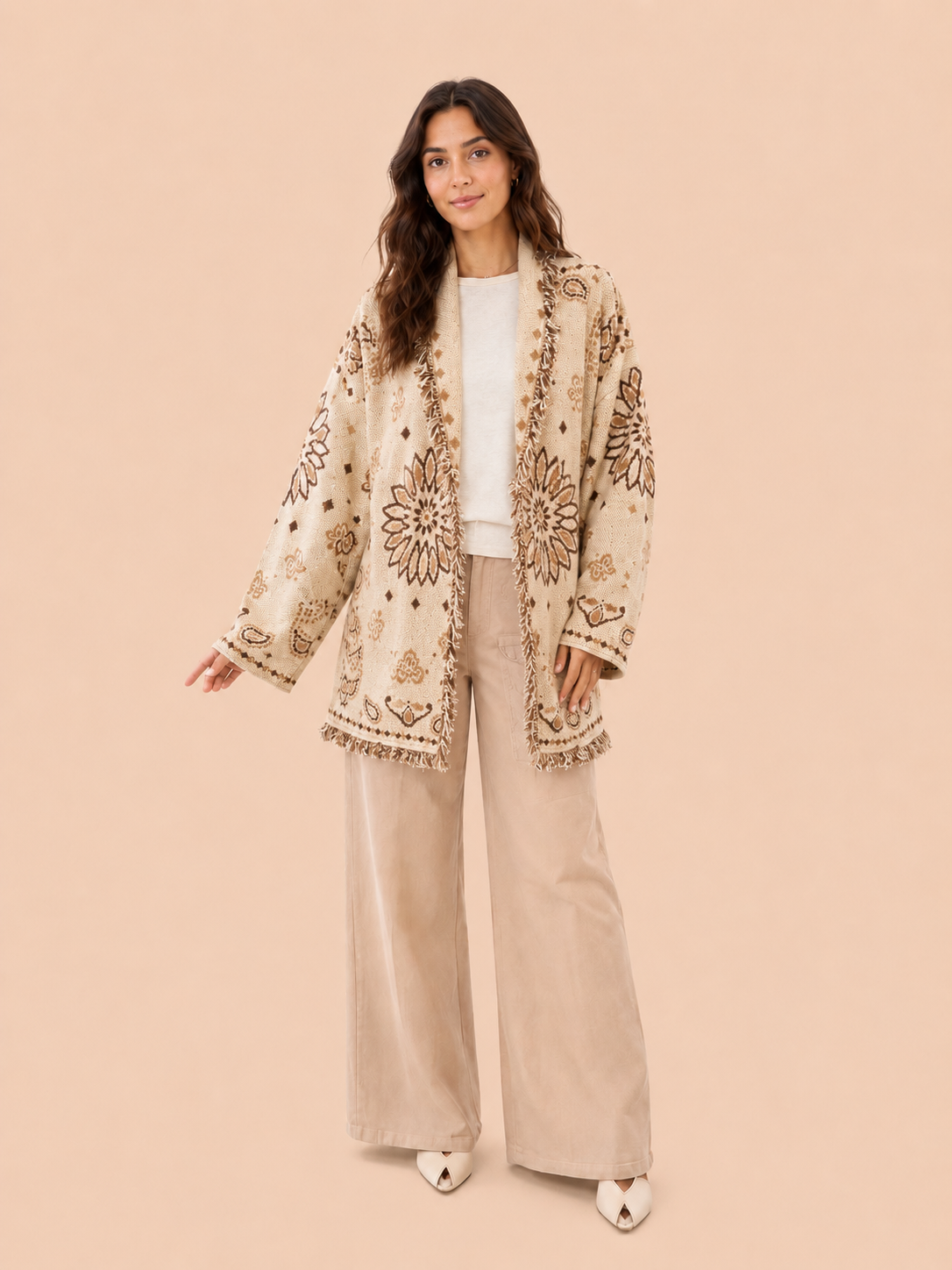 Cream Boho Knit Cardigan With Belt - Oversized Fringe Jacquard Cardigan