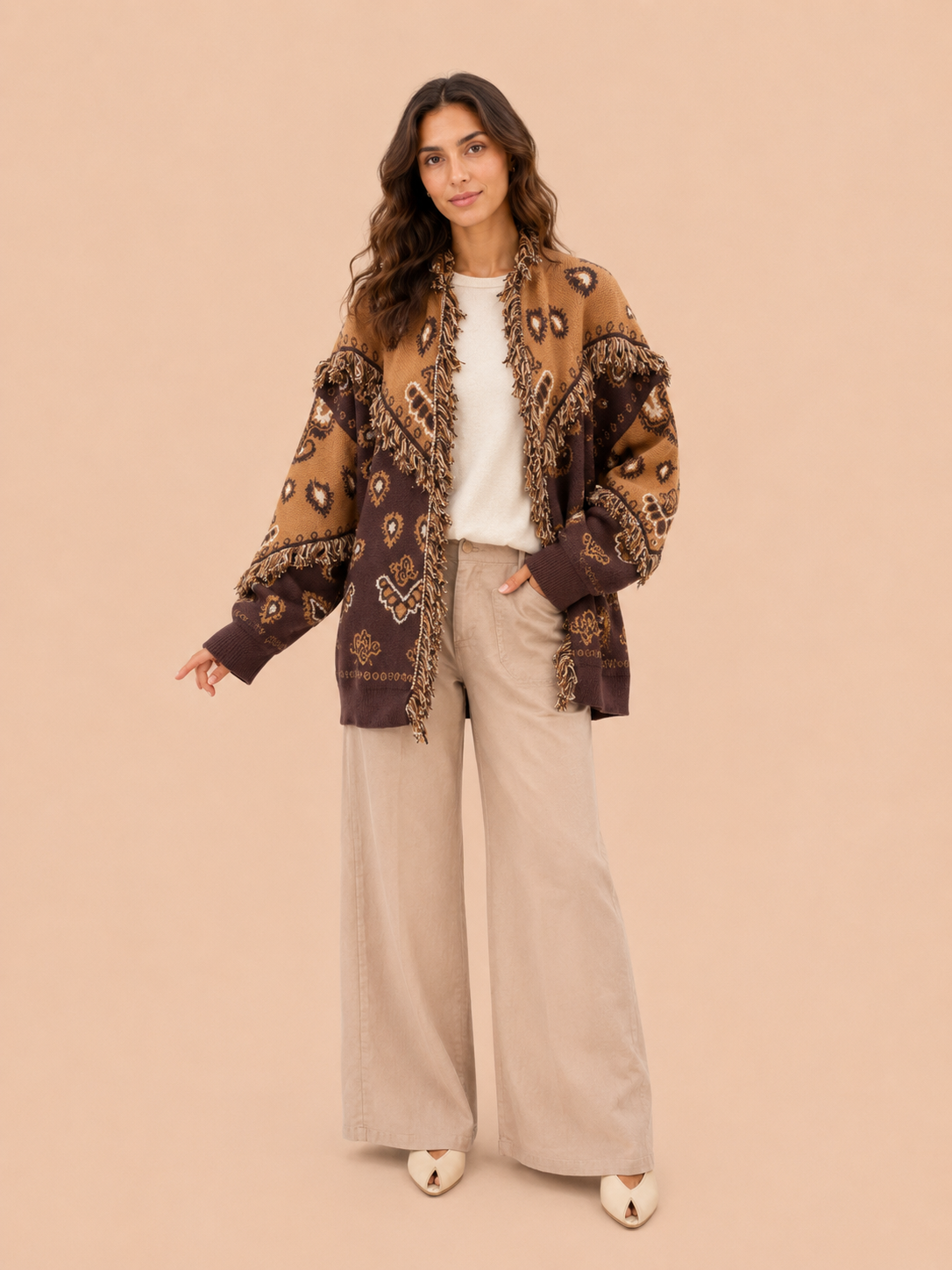 Boho Fringe Knit Cardigan Jacket - Brown & Camel Oversized Open Front Sweater