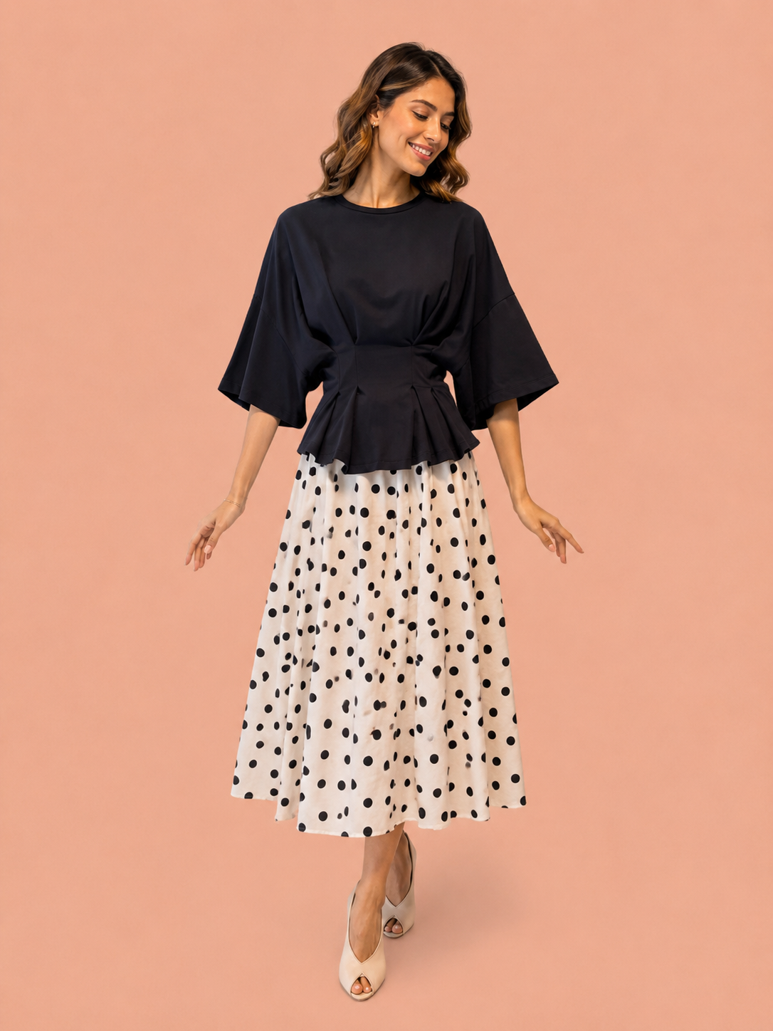 Elegant Black Polka Dot Midi Skirt - Flowy A-Line Skirt with Drawstring Waist
