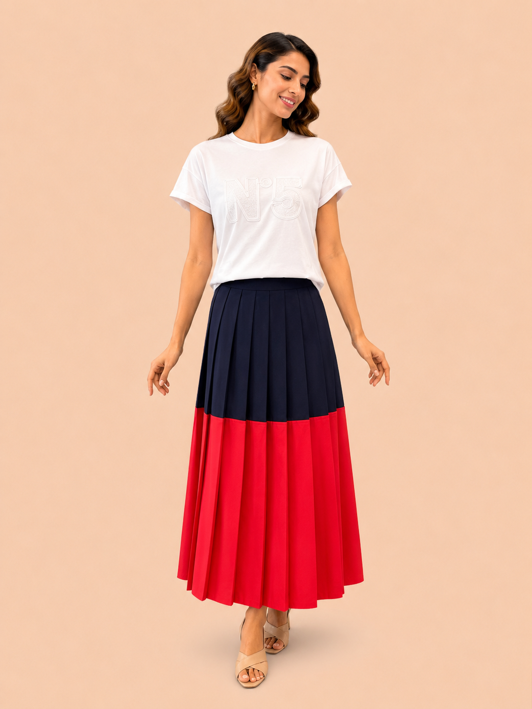 Navy & Red Colour Block Pleated Midi Skirt
