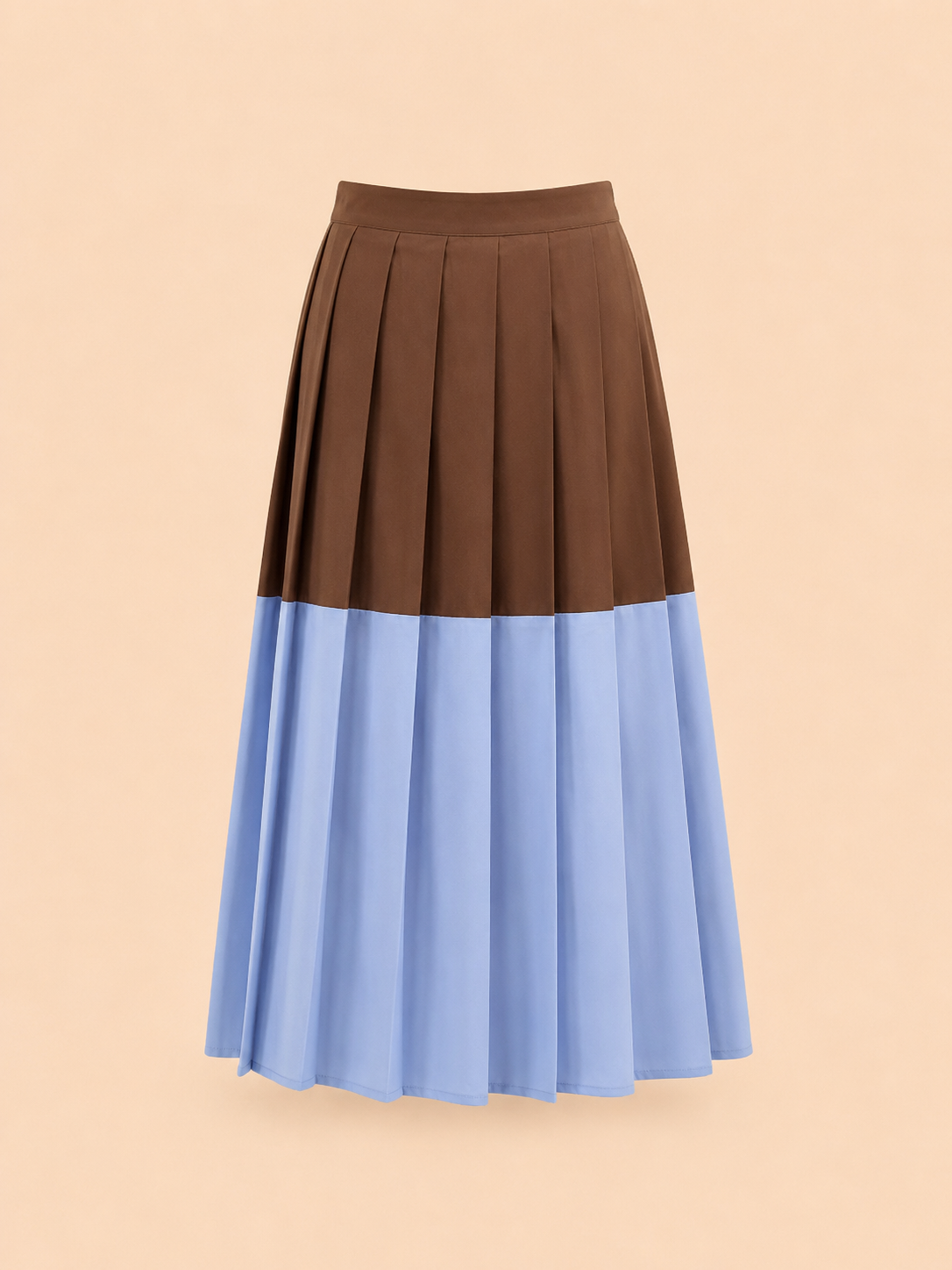 Chocolate Brown & Powder Blue Colour Block Pleated Midi Skirt