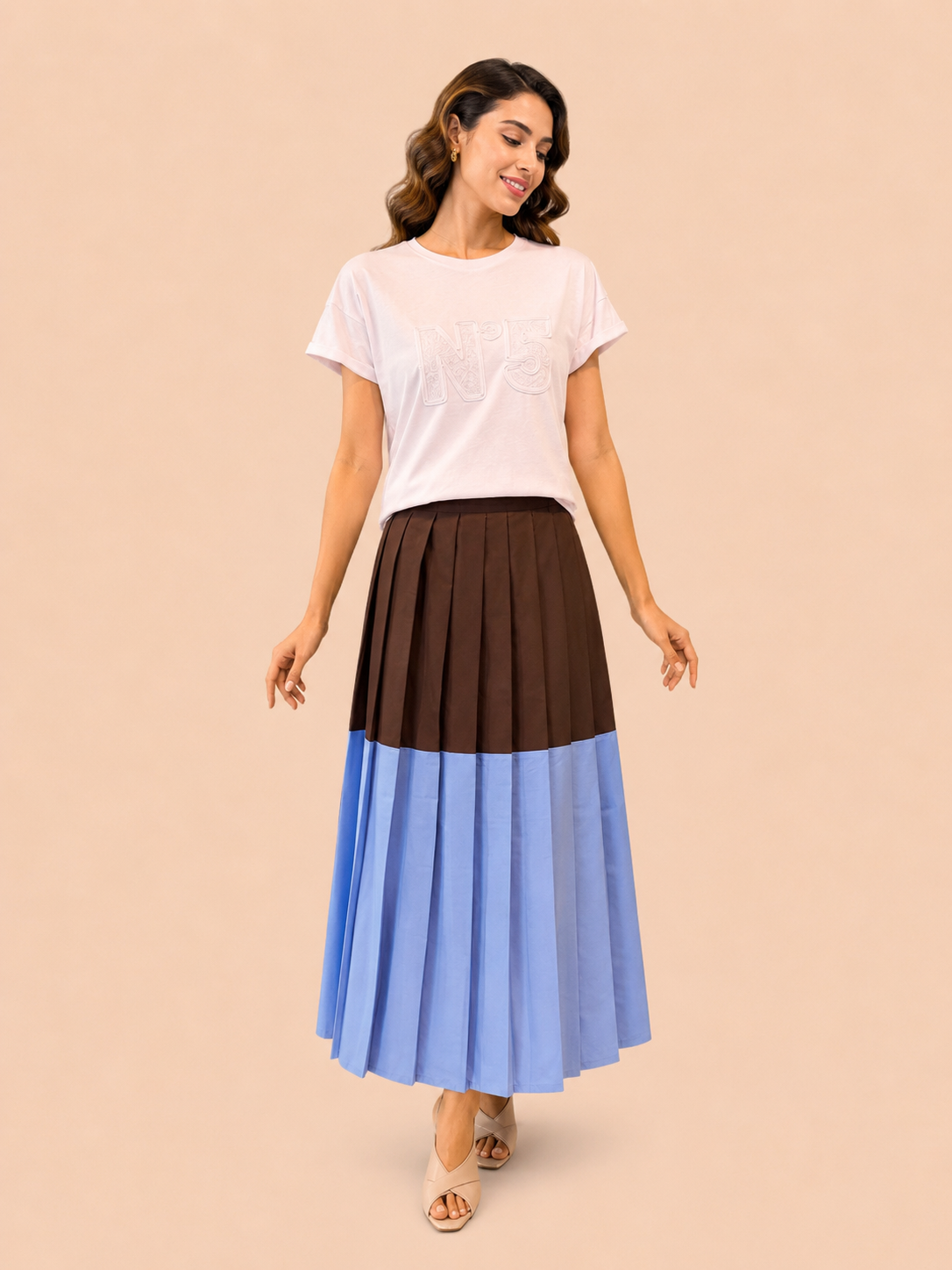 Chocolate Brown & Powder Blue Colour Block Pleated Midi Skirt