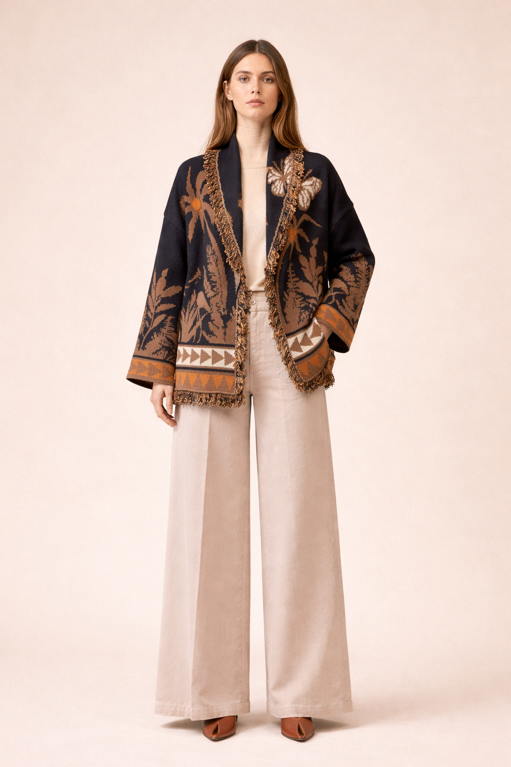 Palm Jacquard Oversized Knit Cardigan - Dark Navy & Brown Boho Statement Jacket