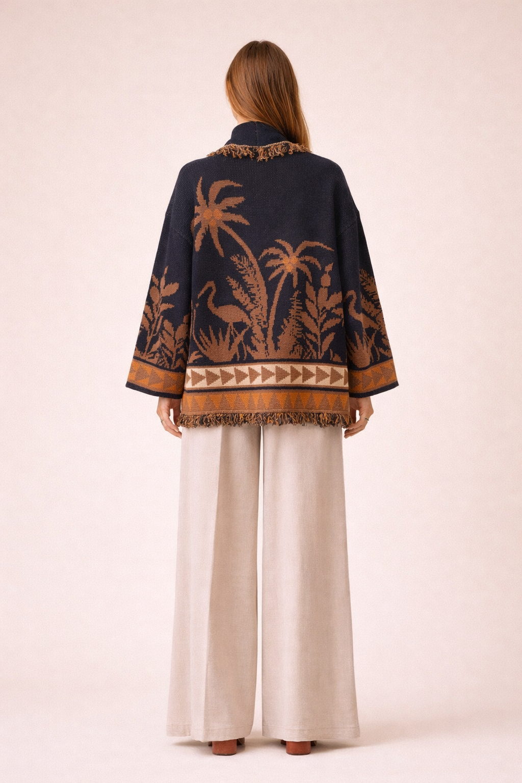 Palm Jacquard Oversized Knit Cardigan - Dark Navy & Brown Boho Statement Jacket