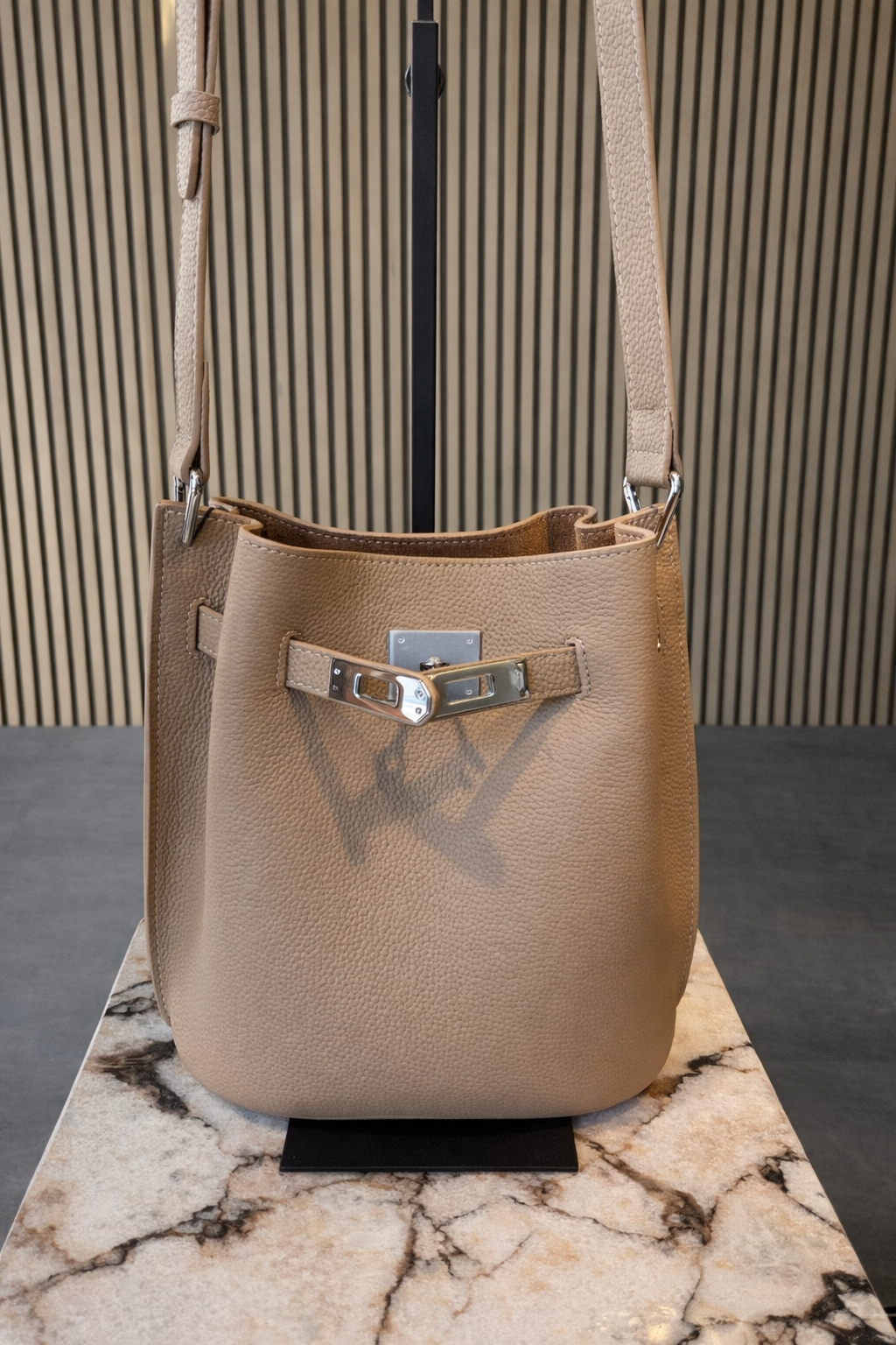 Luxury Taupe Pebbled Leather Bag - Elegant Crossbody Shoulder Bag