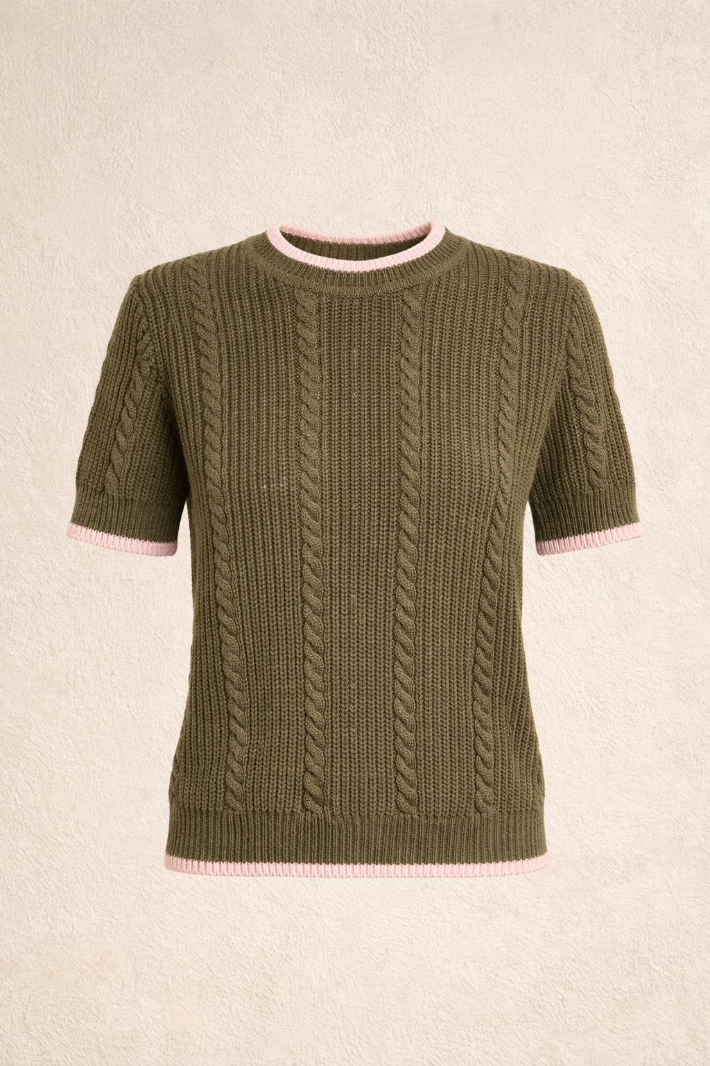 Olive Cable Knit Short Sleeve Sweater With Pink Trim
