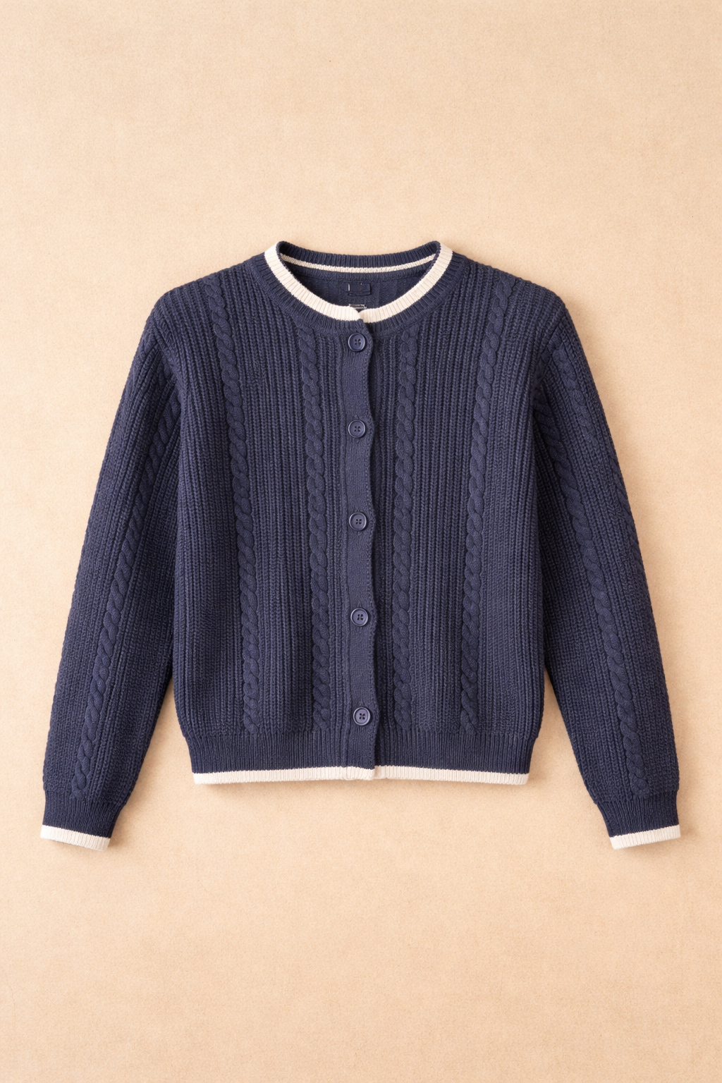 Navy Cable Knit Cardigan With White Trim - Women's Button Front Sweater