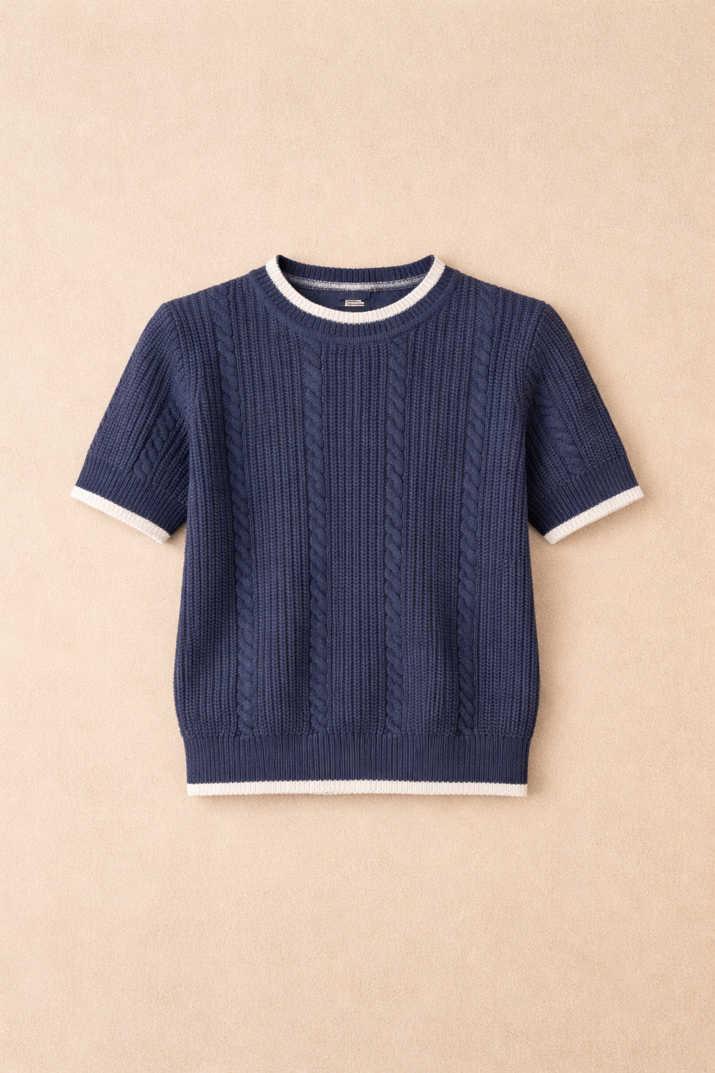 Navy Cable Knit Short Sleeve Sweater With White Trim