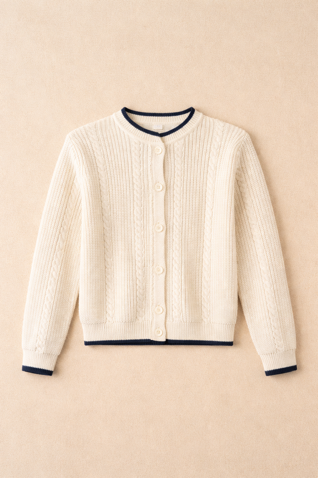 White Cable Knit Cardigan With Navy Trim - Women's Button Front Sweater