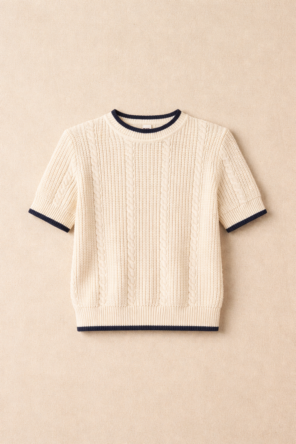 White Cable Knit Short Sleeve Sweater With Navy Trim