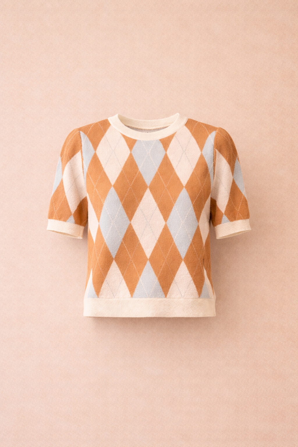 Camel & Cream Argyle Knit Top - Short Sleeve Diamond Sweater