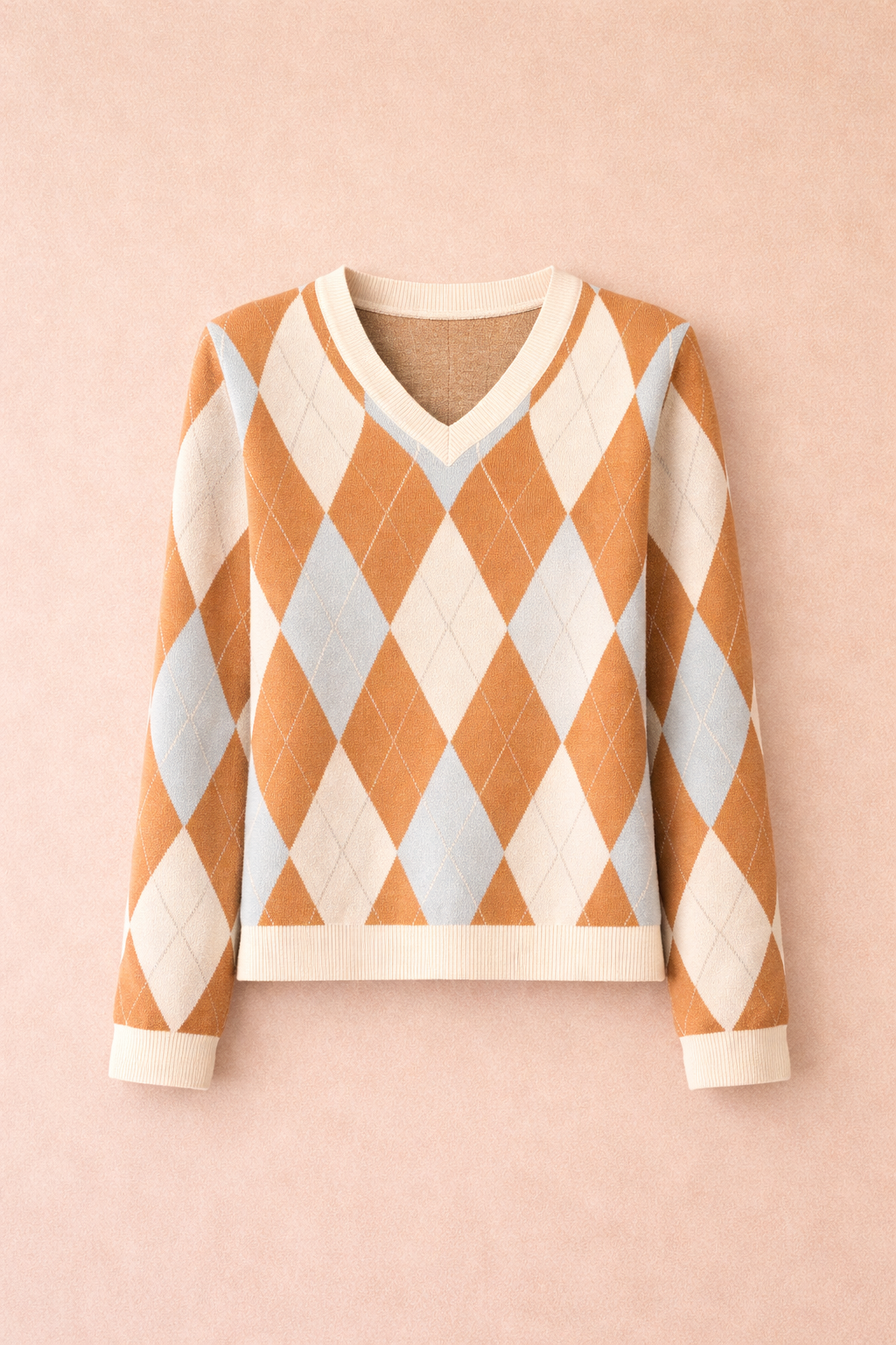 Camel & Cream Argyle V-Neck Knit Sweater - Soft Luxury Jumper