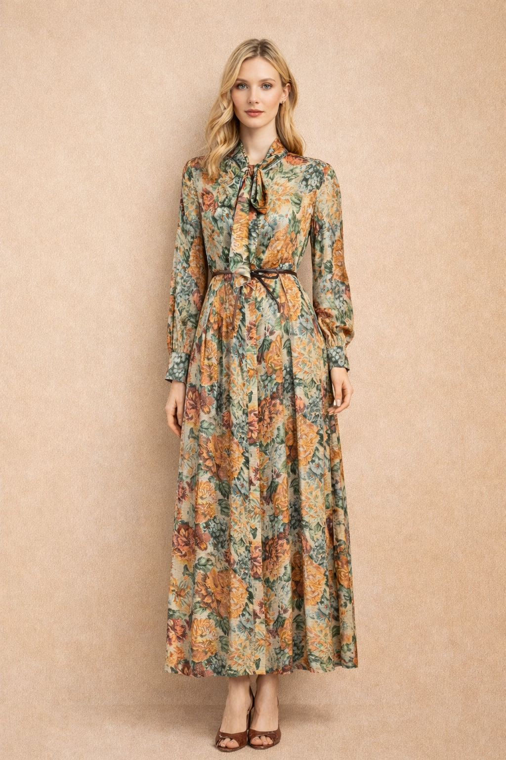 Elegant Floral Tie-Neck Maxi Dress With Belt