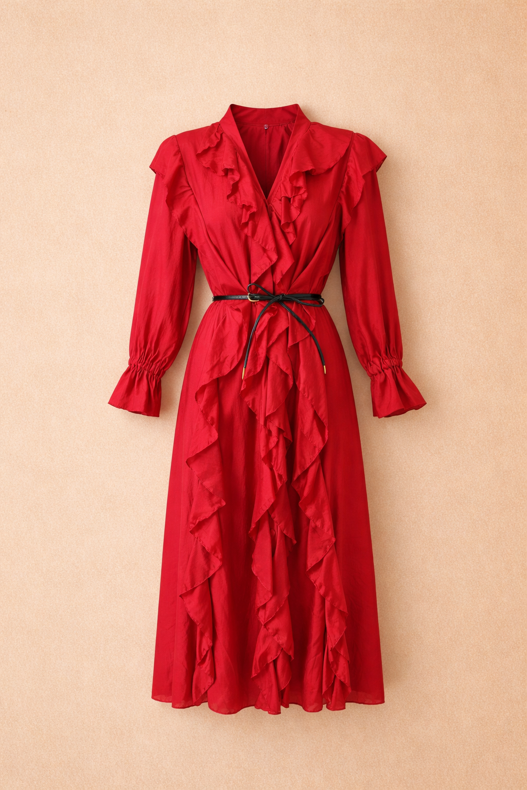Elegant Red Ruffle Maxi Dress With Belt