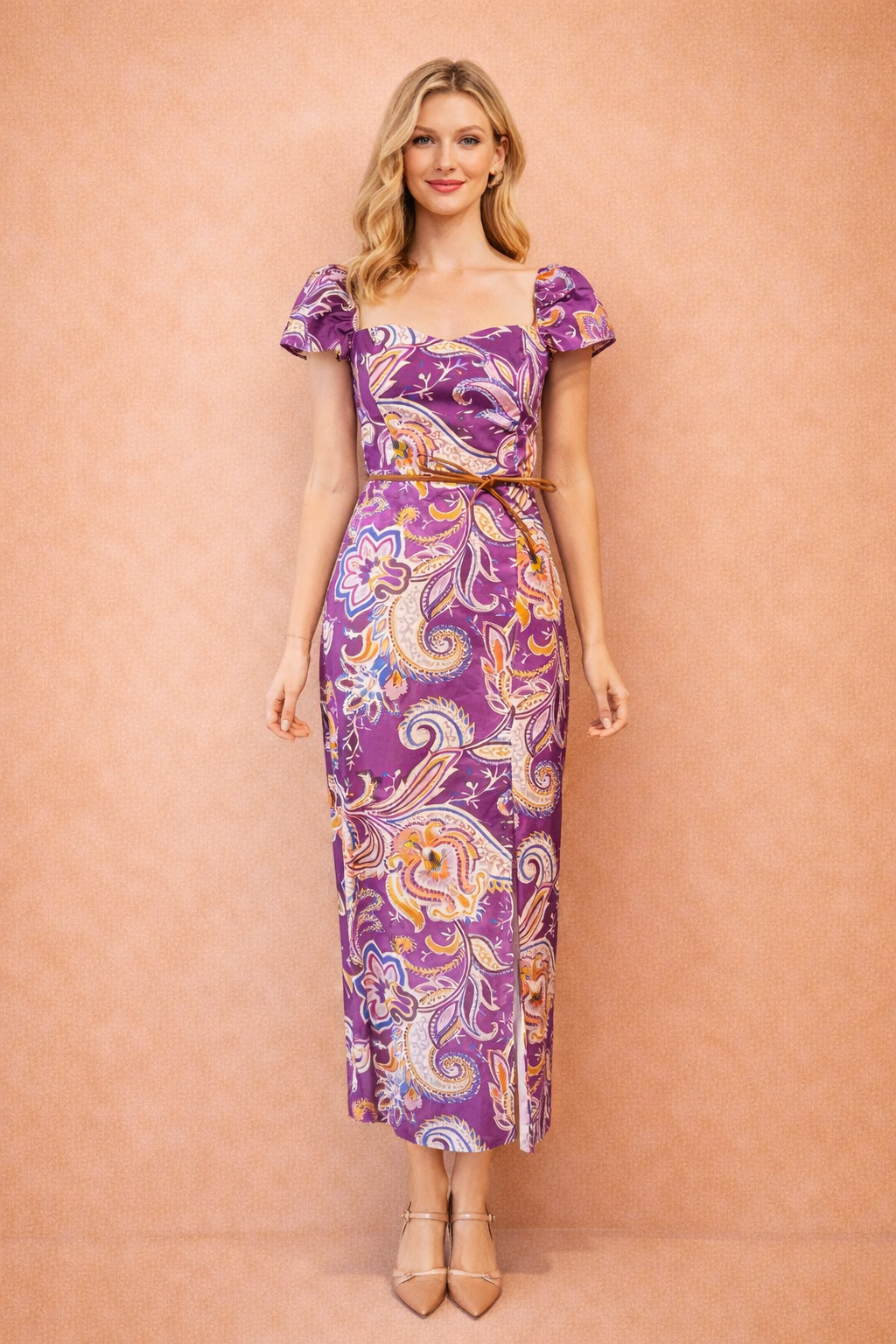Purple Paisley Puff Sleeve Maxi Dress with Belt
